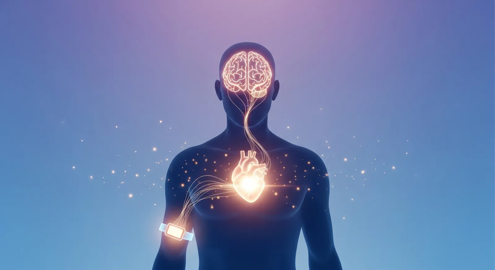 A modern, minimalistic illustration showing the intersection of human emotion and technology. Central focus on a human silhouette with a glowing heart and brain connected by flowing biometric data lines. Subtle wearable tech elements like a wristband or sensor are integrated into the design. Soft gradient background in calming blues and purples to symbolize emotional awareness. Futuristic but human-centered aesthetic, highlighting themes of empathy, ethics, and innovation in AI.